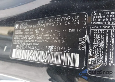 2004 BMW 525I from USA, damaged, VIN WBANA53534B850459